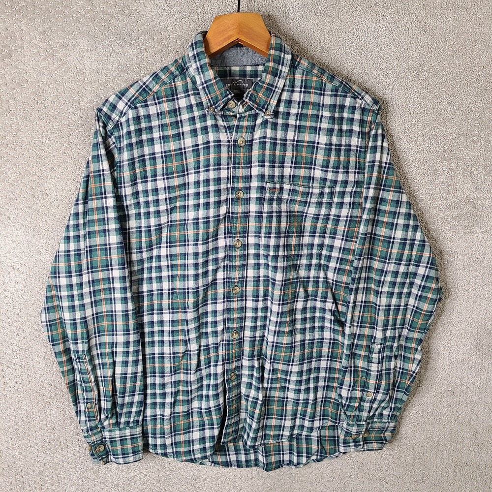 Eddie Bauer Shirt Mens Large Green Blue Plaid Flannel Button Down 100% Cotton